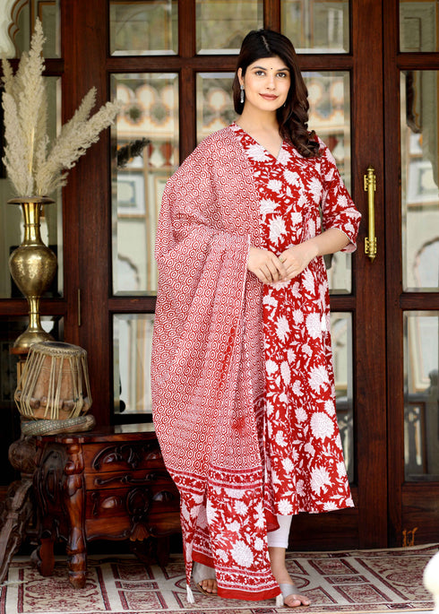 Miravan Womens Red Cotton Floral Printed Anarkali Kurta With Dupatta