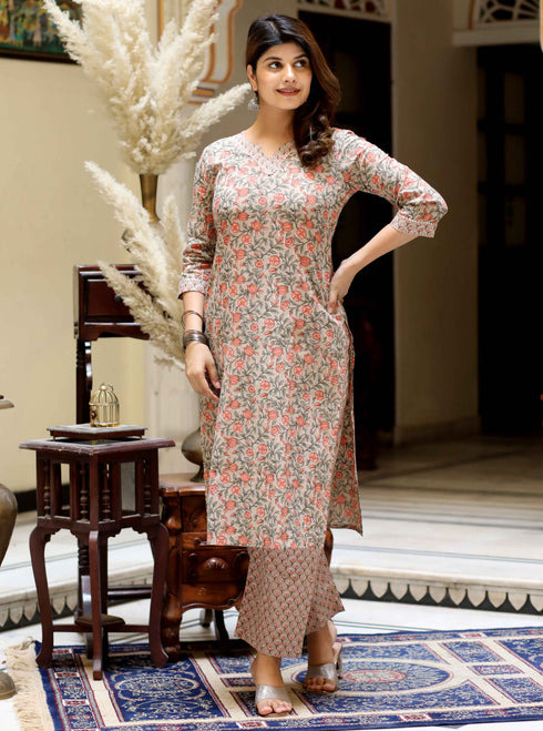 Miravan Womens Brown Pure Cotton Printed Straight Kurta And Palazzo