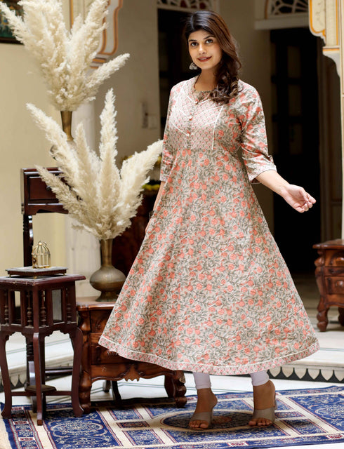 Miravan Womens Beige Cotton Floral Printed Anarkali Kurta