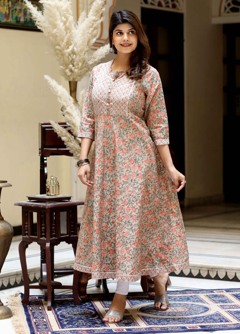 Miravan Womens Beige Cotton Floral Printed Anarkali Kurta