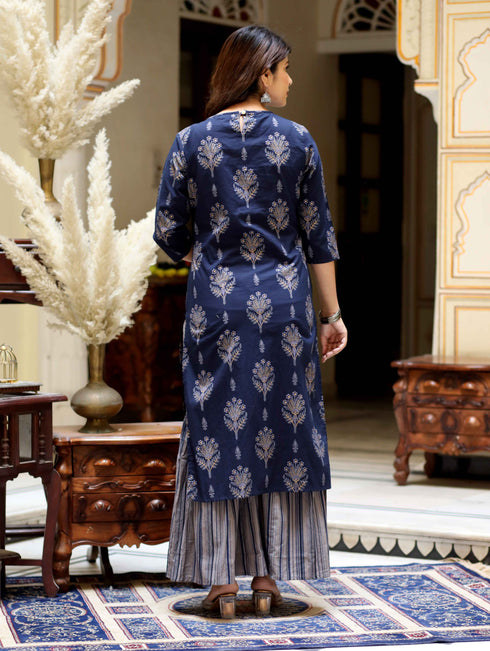 Miravan Womens Blue and Grey Printed Pure Cotton Kurta With Sharara