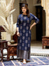Miravan Womens Blue and Grey Printed Pure Cotton Kurta With Sharara