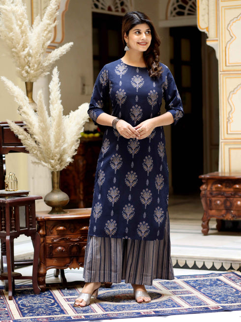 Miravan Womens Blue and Grey Printed Pure Cotton Kurta With Sharara