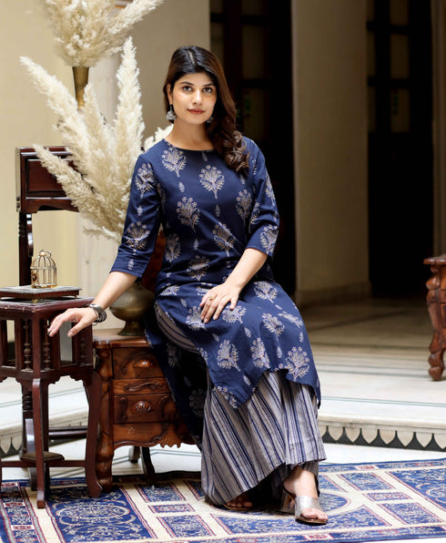 Miravan Womens Blue and Grey Printed Pure Cotton Kurta With Sharara