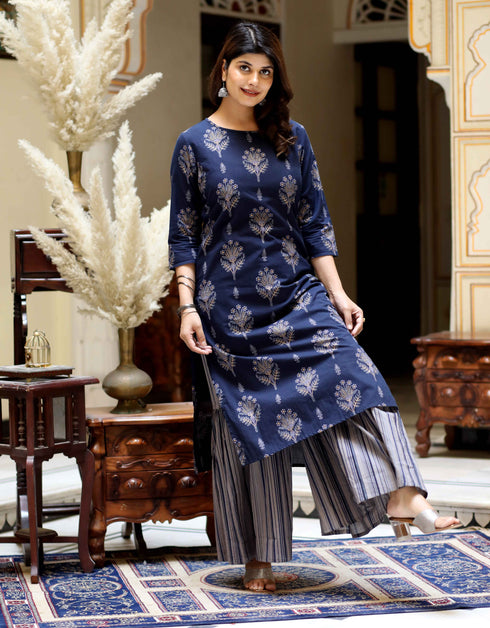 Miravan Womens Blue and Grey Printed Pure Cotton Kurta With Sharara
