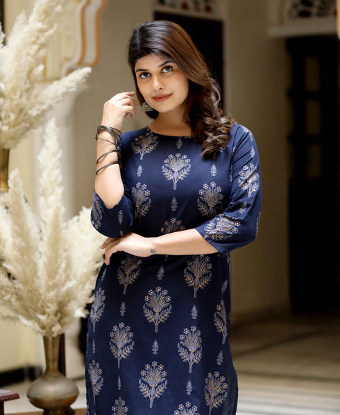 Miravan Womens Blue and Grey Printed Pure Cotton Kurta With Sharara