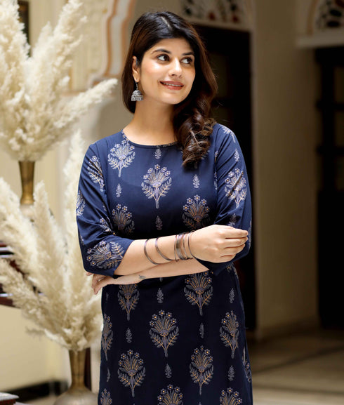 Miravan Womens Blue and Grey Printed Pure Cotton Kurta With Sharara
