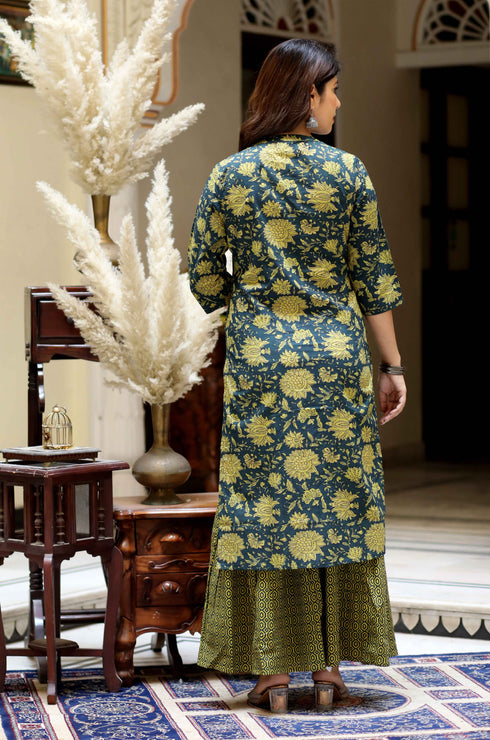 Miravan Womens Green Cotton Floral Straight Kurta and Sharara With Dupatta Set