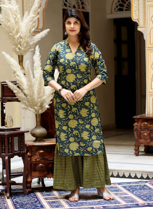Miravan Womens Green and Yellow Floral Printed Pure Cotton Kurta With Sharara
