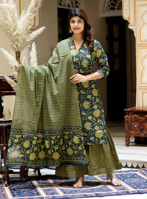 Miravan Womens Green Cotton Floral Straight Kurta and Sharara With Dupatta Set