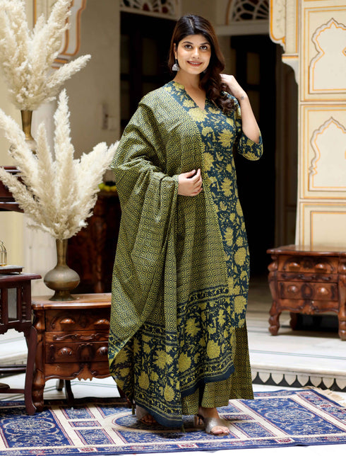 Miravan Womens Green Cotton Floral Straight Kurta and Sharara With Dupatta Set