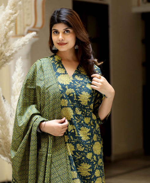 Miravan Womens Green Cotton Floral Straight Kurta and Sharara With Dupatta Set