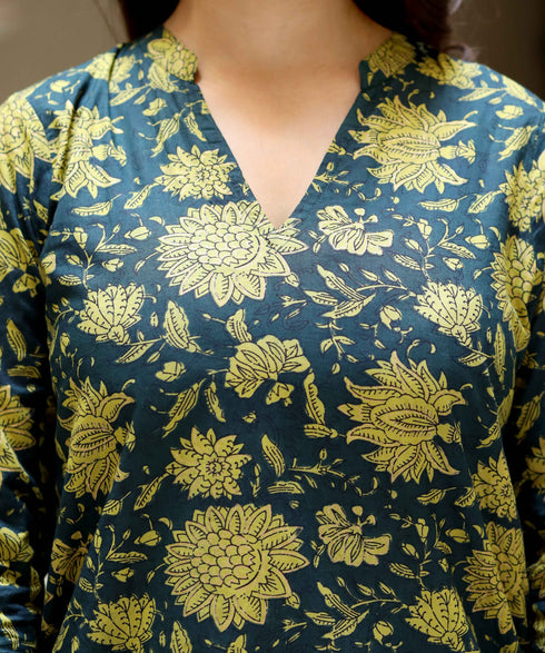Miravan Womens Green and Yellow Floral Printed Pure Cotton Kurta With Sharara