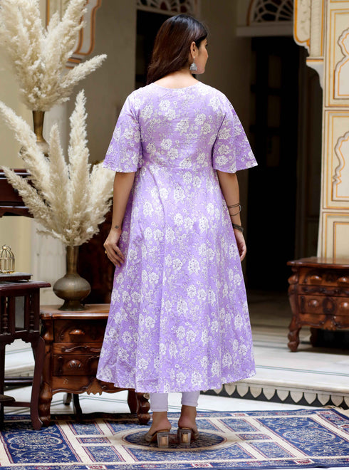 Miravan Womens Levender Floral Printed Anarkali Kurta