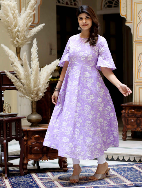 Miravan Womens Levender Floral Printed Anarkali Kurta