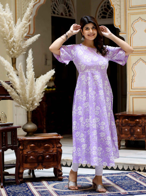 Miravan Womens Levender Floral Printed Anarkali Kurta