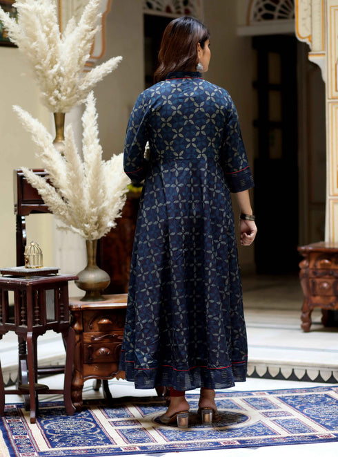 Miravan Womens Blue Abstract Print Ankle Length Angrakha Style Kurta