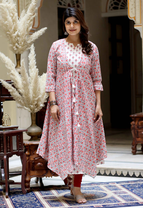 Miravan Womens Cotton Floral Printed Layered Kurta with Jacket