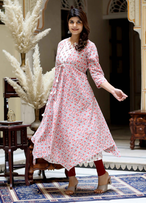 Miravan Womens Cotton Floral Printed Layered Kurta with Jacket