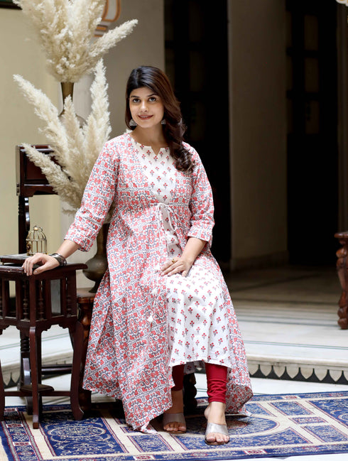 Miravan Womens Cotton Floral Printed Layered Kurta with Jacket