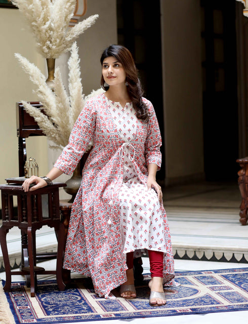 Miravan Womens Cotton Floral Printed Layered Kurta with Jacket