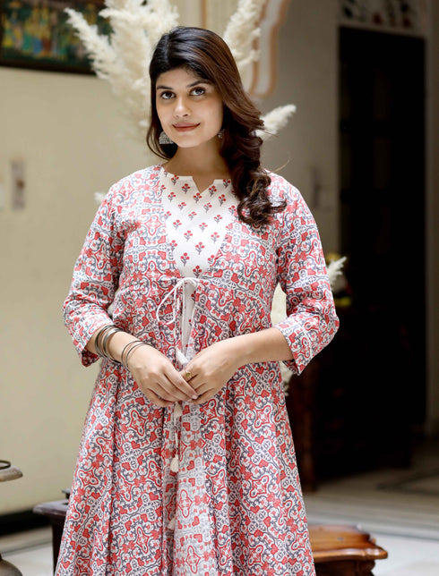 Miravan Womens Cotton Floral Printed Layered Kurta with Jacket