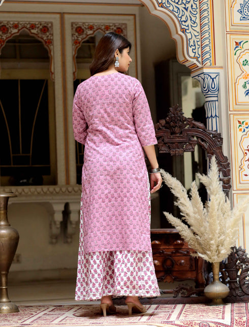 Miravan Womens Pink Cotton Kurta With Palazzo and Dupatta Set