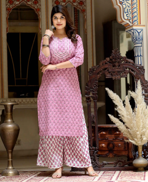 Miravan Womens Pink Cotton Floral Print Straight Kurta And Palazzo Set