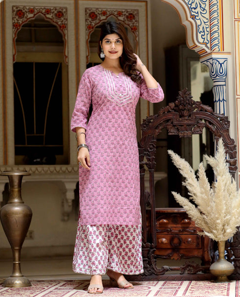 Miravan Womens Pink Cotton Floral Print Straight Kurta And Palazzo Set