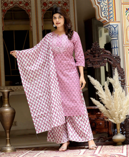 Miravan Womens Pink Cotton Kurta With Palazzo and Dupatta Set