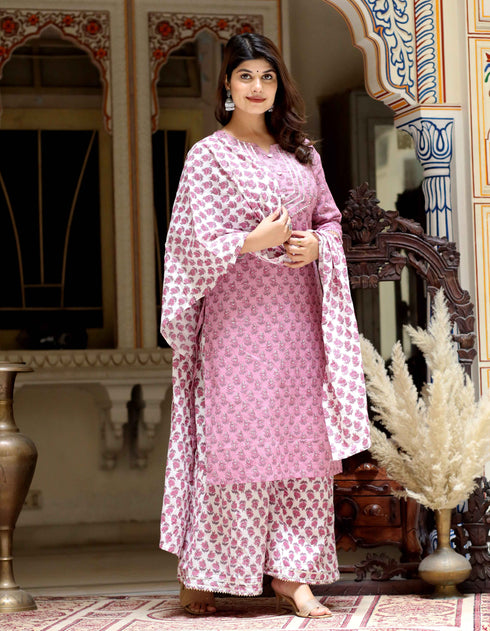 Miravan Womens Pink Cotton Kurta With Palazzo and Dupatta Set