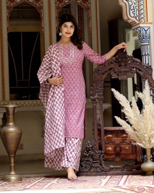 Miravan Womens Pink Cotton Kurta With Palazzo and Dupatta Set