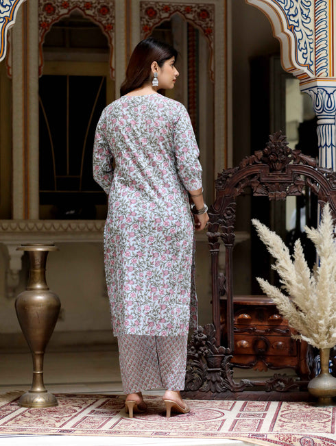 Miravan Womens Blue Cotton Floral Printed Straight Kurta Palazzo