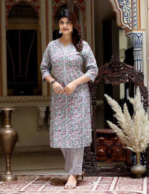 Miravan Womens Blue Cotton Floral Printed Straight Kurta Palazzo