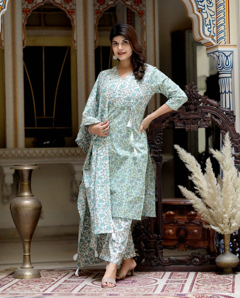 Miravan Womens Green Floral Printed Angrakha Pure Cotton Kurta With Palazzo and Dupatta Set