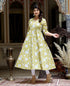 Miravan Womens Yellow Cotton Floral Printed Anarkali Kurta