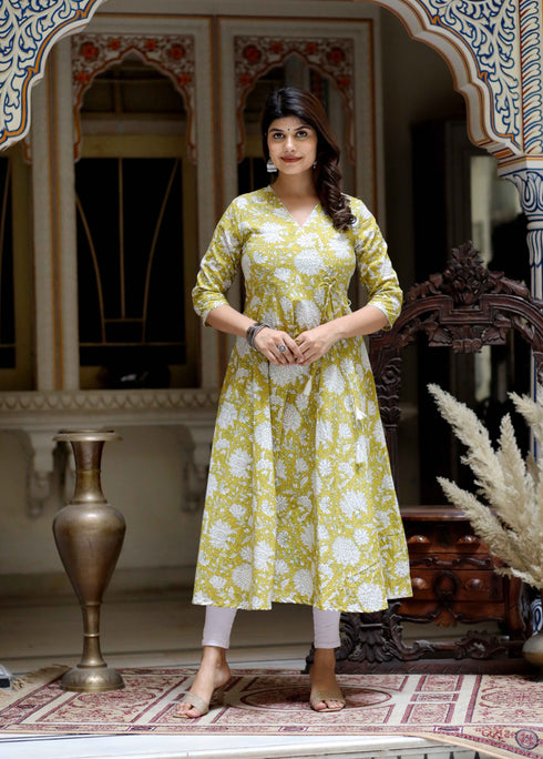 Miravan Womens Yellow Cotton Floral Printed Anarkali Kurta