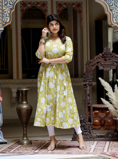 Miravan Womens Yellow Cotton Floral Printed Anarkali Kurta
