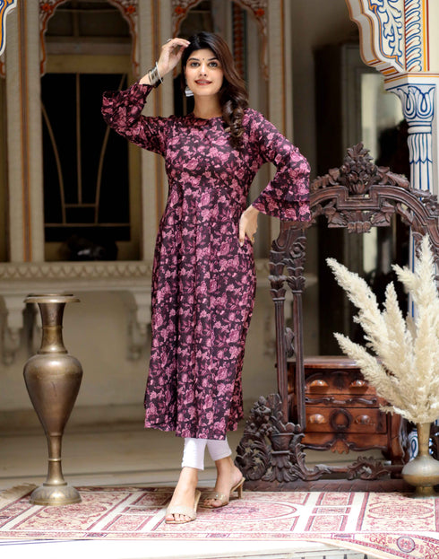 Miravan Womens Maroon Floral Bell Sleeves Anarkali Kurta