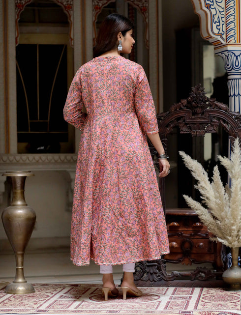 Miravan Womens Orange Cotton Floral Printed Anarkali Kurta