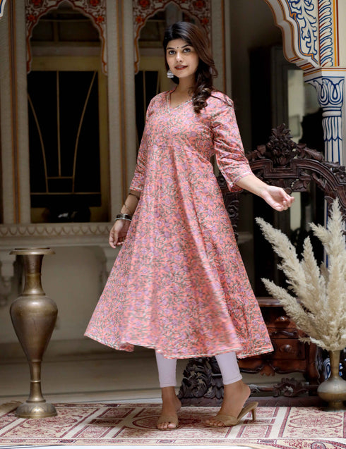 Miravan Womens Orange Cotton Floral Printed Anarkali Kurta