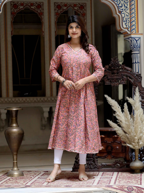 Miravan Womens Orange Cotton Floral Printed Anarkali Kurta