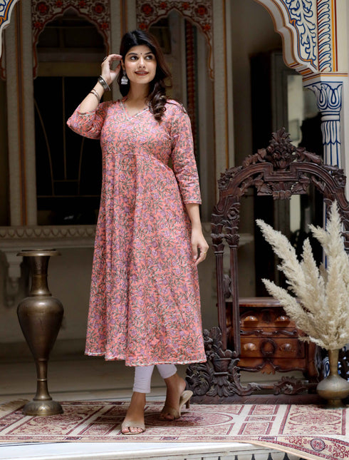 Miravan Womens Orange Cotton Floral Printed Anarkali Kurta