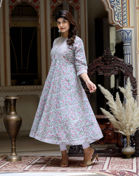 Miravan Womens Blue Floral Printed Anarkali Kurta