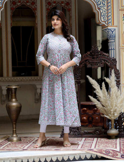 Miravan Womens Blue Floral Printed Anarkali Kurta