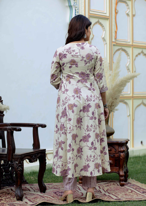 Miravan Womens Pink Floral Print Anarkali Kurta With Palazzo and Dupatta Set