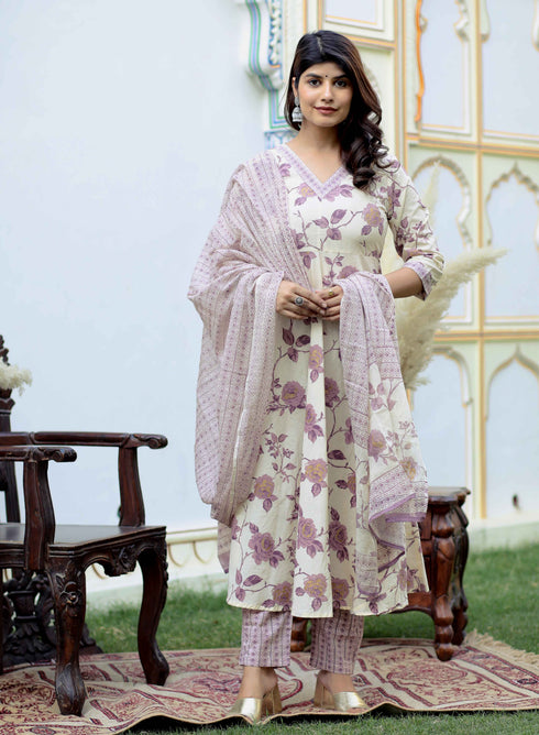 Miravan Womens Pink Floral Print Anarkali Kurta With Palazzo and Dupatta Set