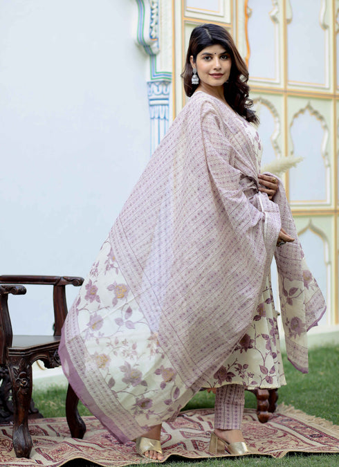 Miravan Womens Pink Floral Print Anarkali Kurta With Palazzo and Dupatta Set