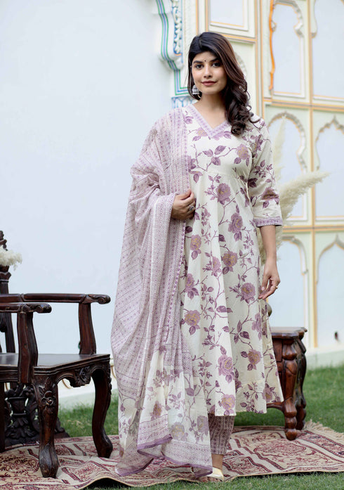 Miravan Womens Pink Floral Print Anarkali Kurta With Palazzo and Dupatta Set