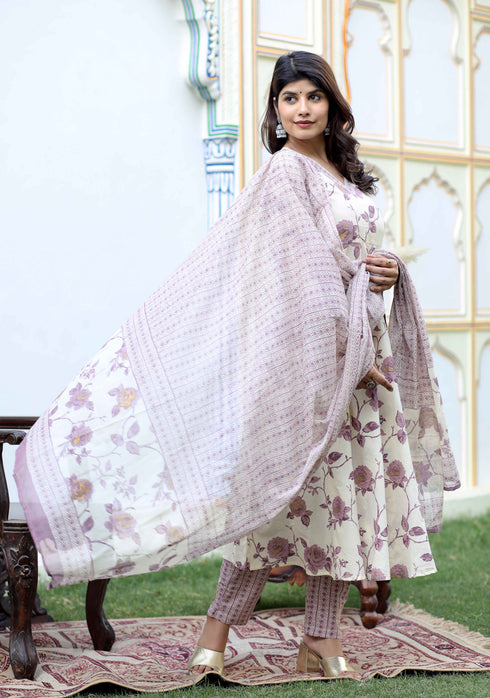 Miravan Womens Pink Floral Print Anarkali Kurta With Palazzo and Dupatta Set